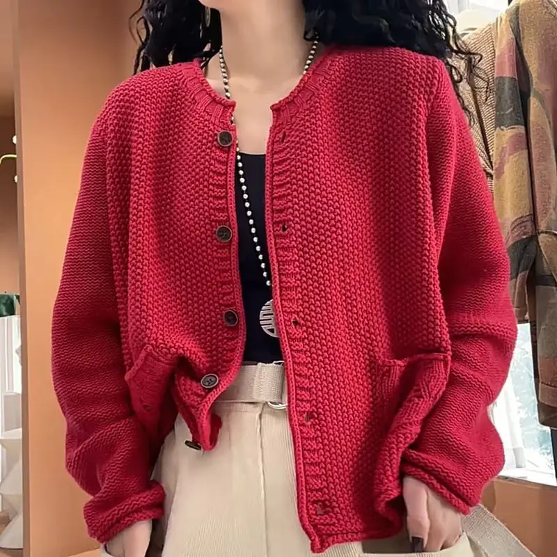 

Spring Autumn Vintage New Knit Cardigan Knitwear Top Women Loose O Neck Single Button All-Match Sweater Coat Cardigan Short Tops