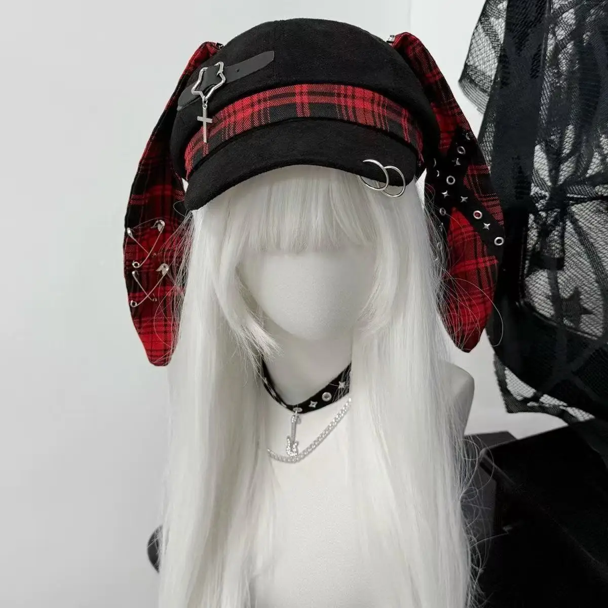 Vintage Plaid Webbing Newsboy Cap Women Dark Alt Aesthetic Beret Hat Punk Y2K Streetwear Flat Brim Casual Hat for Teen Ladies