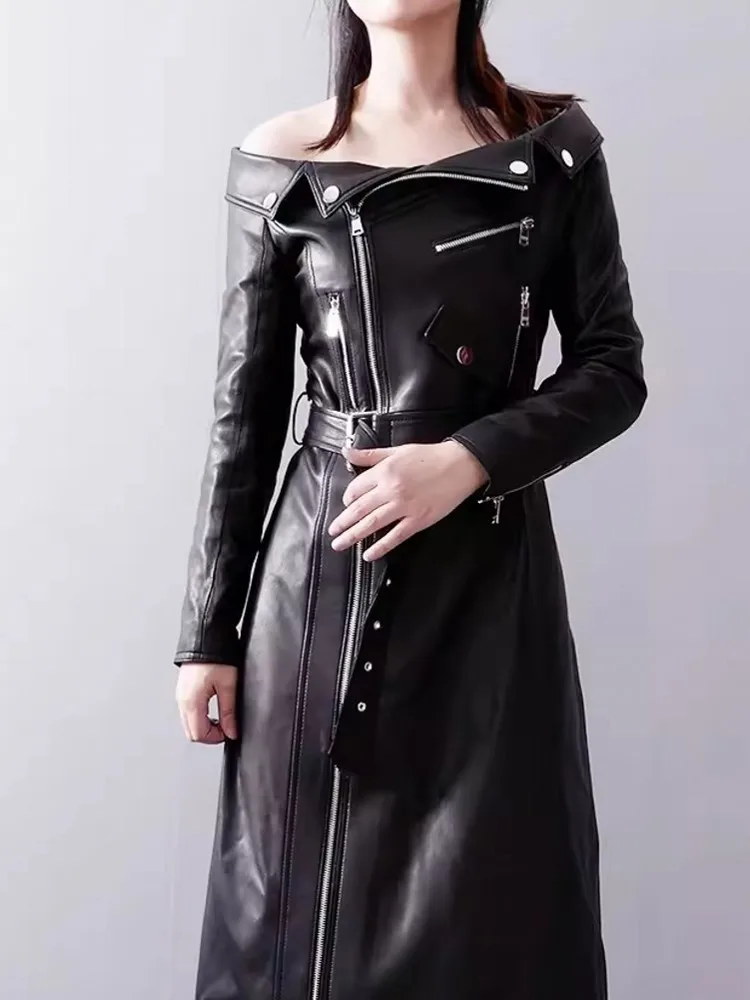 Sexy Red Women Slash Neck Motorcycle Sheepskin Genuine Leather Dress Autumn Zipper Belt Slim Fit High Split Mid Calf Long Dress