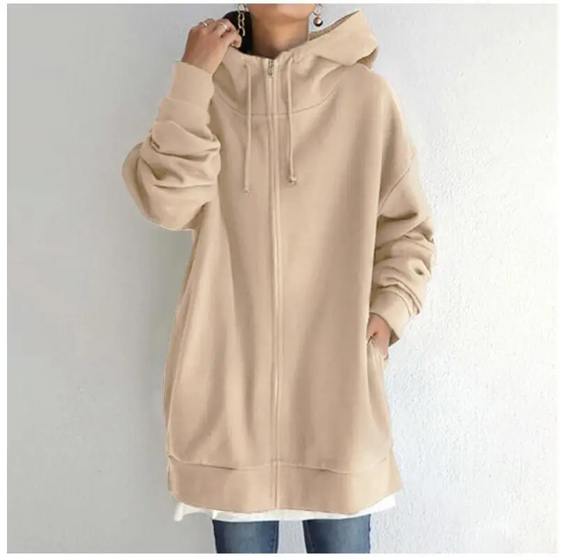 Harajuku Warm Women Long Hoodies Zipper Oversized Long Sleeve Hooded Jacket Winter Sweatshirts Lady Elegant Pullovers Gray Black