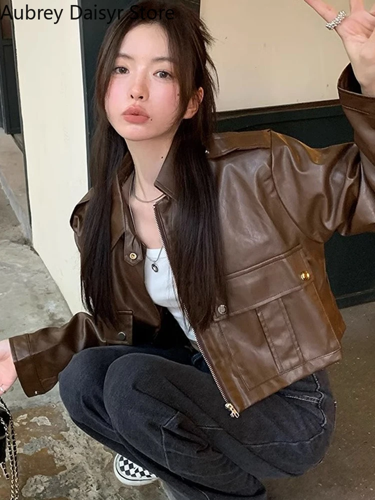 Brown Cropped Leather Jacket Women Streetwear Moto Biker Zipper Leather Jacket Winter Punk Vintage Casual Blazer Leather Coat