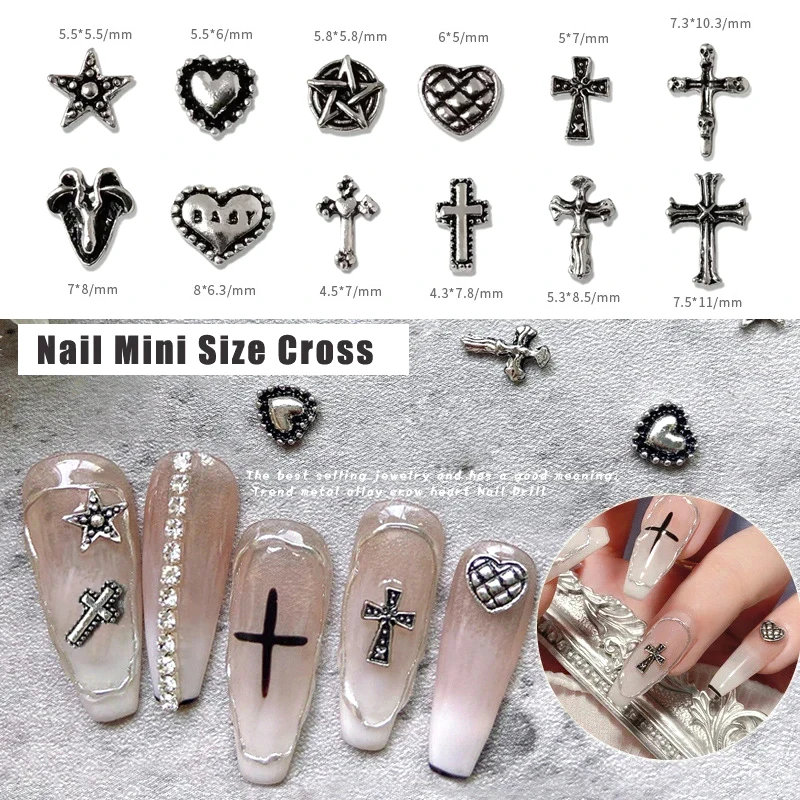 50pcs/Pack Nail Designs Charms Mini Cross Luxury Parts Wholesale Old Silver Heart 3d Charms For Cross Nails Punk Decoration Gems