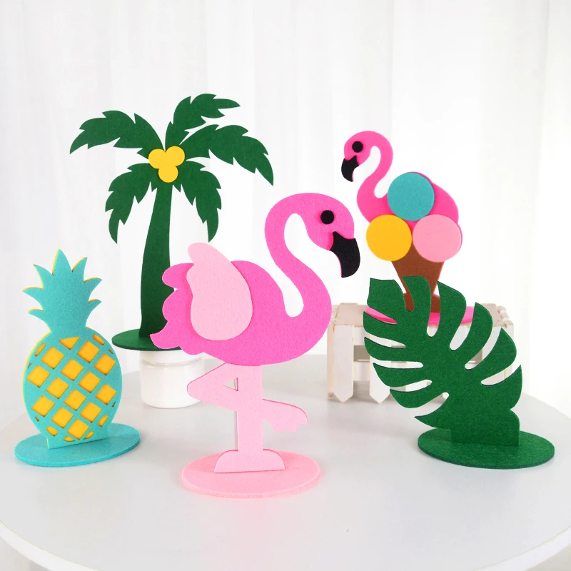 2Pcs Tropical Hawaiian Party Decoration Flamingo Pineapple Coconut Tree Felt Table Ornament for Summer Wedding Birthday Supplies