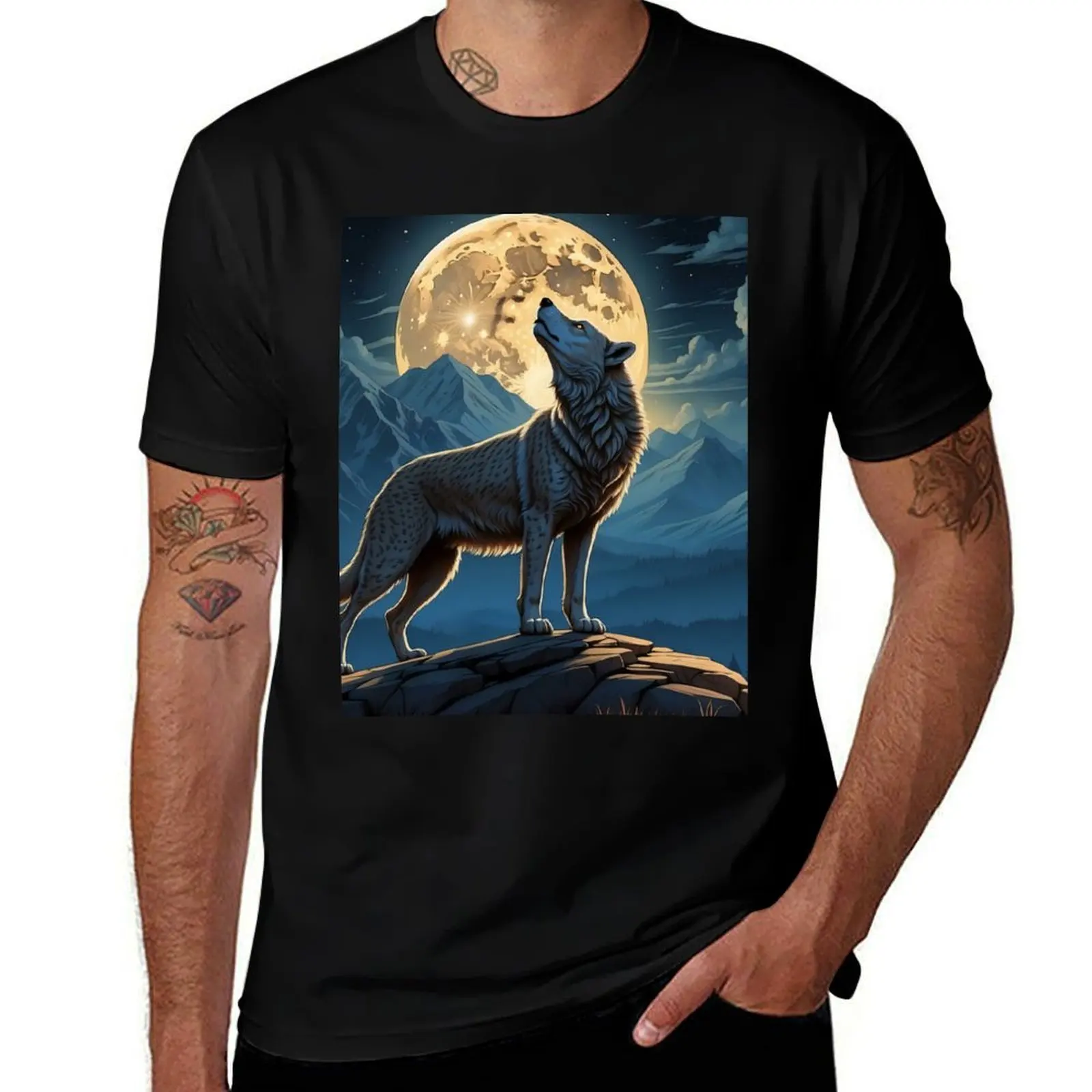 

Wolf howling at full moon, mountainous landscape. T-Shirt cotton graphic tees Funny t-shirts tees Men's t-shirt
