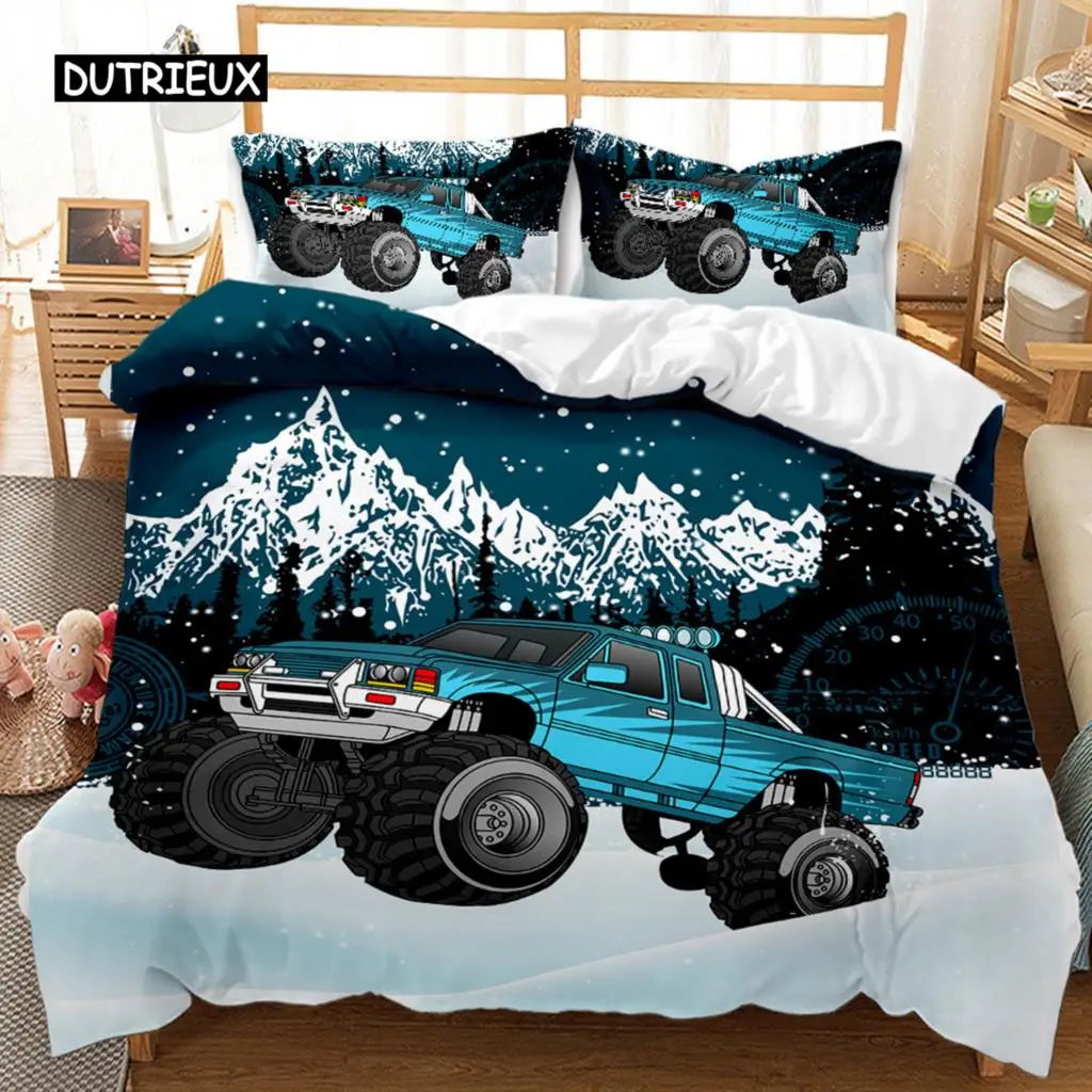 

Truck Duvet Cover Set Automobile Blue Monster Pickup Truck Off Road Vehicle Bedding Set for Boys King Size Polyester Quilt Cover