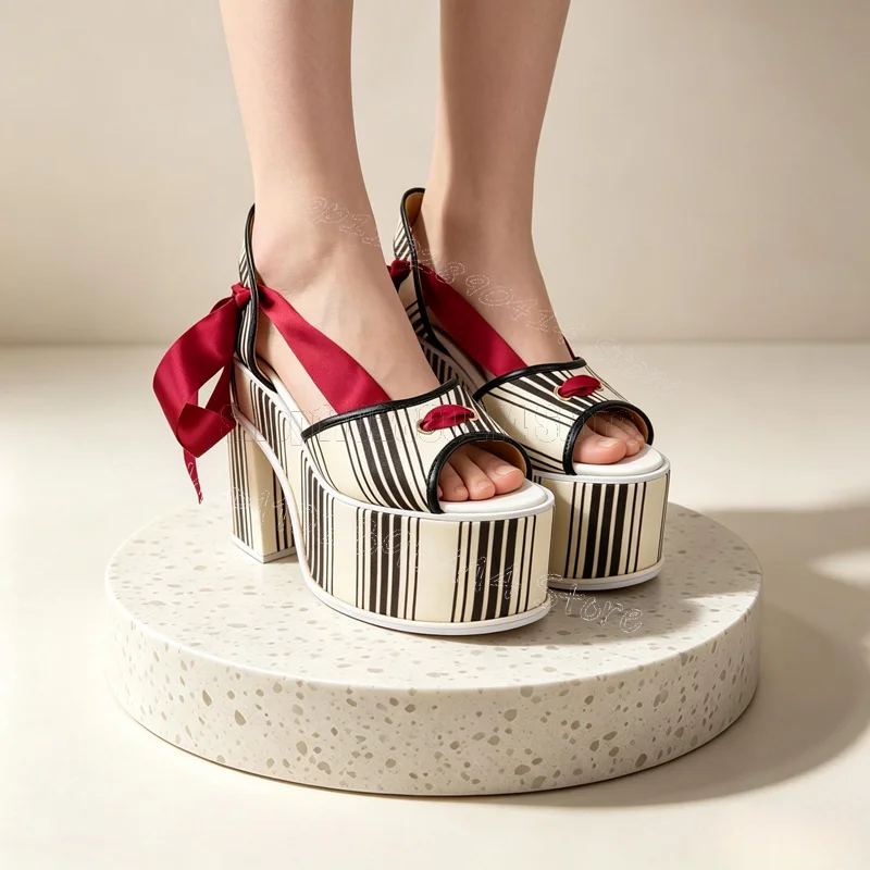 Black White Stripe Print Open Toe Platform Sandals Lace Up Women Shoes Chunky High Heels Party Banquet 2026 Zapatos Para Mujere
