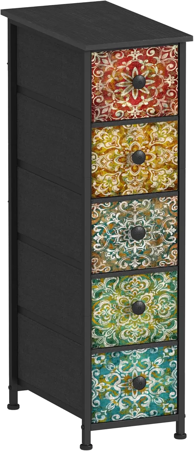 

Retro Skinny Dresser with Fabric Drawers Thin Slim Boho Mandala Flower Chest of Drawers Narrow Storage Tower for Small Spaces