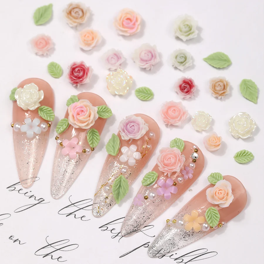 12Grids 3D Exquisite Colorful Camellia Rose Flower Leaf Pearl Nail Art Charms Mixed Gold Beads Metal Nails DIY Decoration Crafts