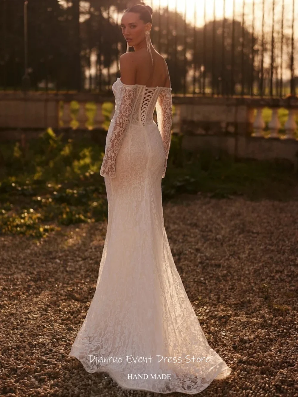 Dianruo Luxury Lace Appliques Wedding Dresses Off Shoulder Mermaid Vestido Novia Civil Long Formal Robe De Mariée Customized