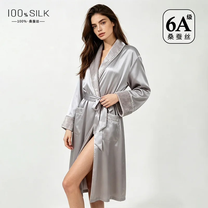 19 Momme Velvet Splice Silk Robe for Women Double Lined Long Maxi Kimono Style Mulberry Silk Bridal Sleepwear Luxury Autumn Wint