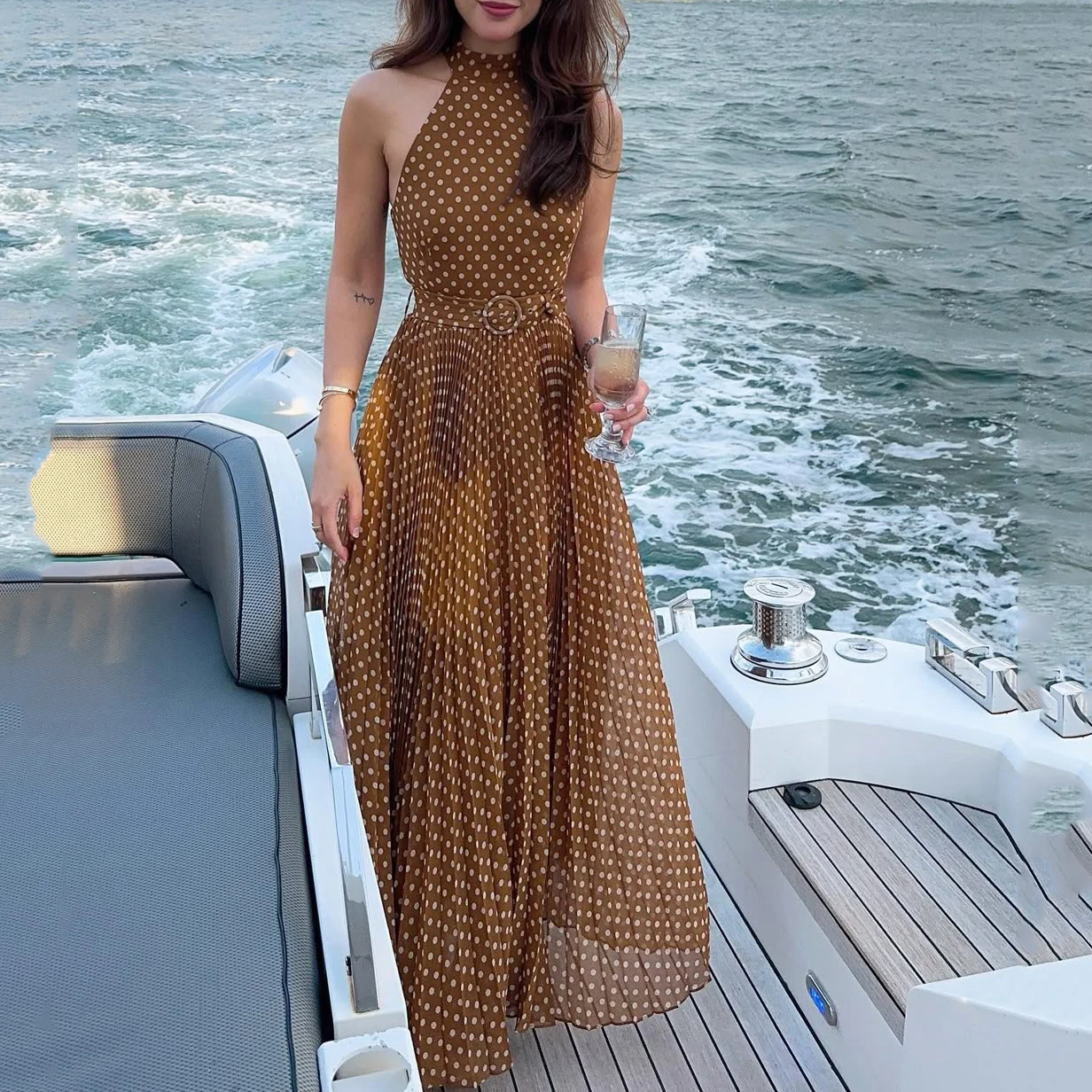 

Casual Brown Polka-Dot Vacation Maxi Dresses Sleeveless With Belt Gowns High Quality Special Occasion Female Customize Dresses