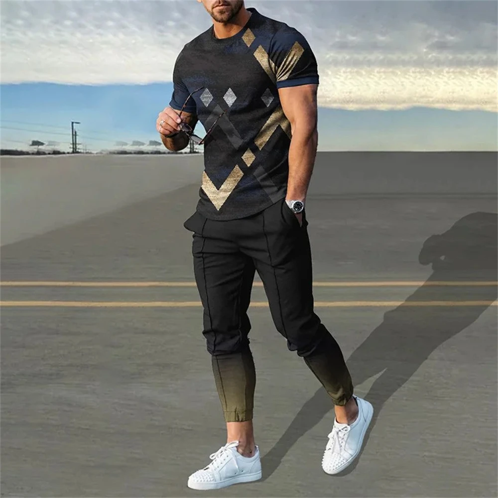 Summer Tracksuits Men's Suit Casual Trousers Set Print Stripe Short Sleeve T Shirt Round Neck Men Clothing 2 Piece Outfits