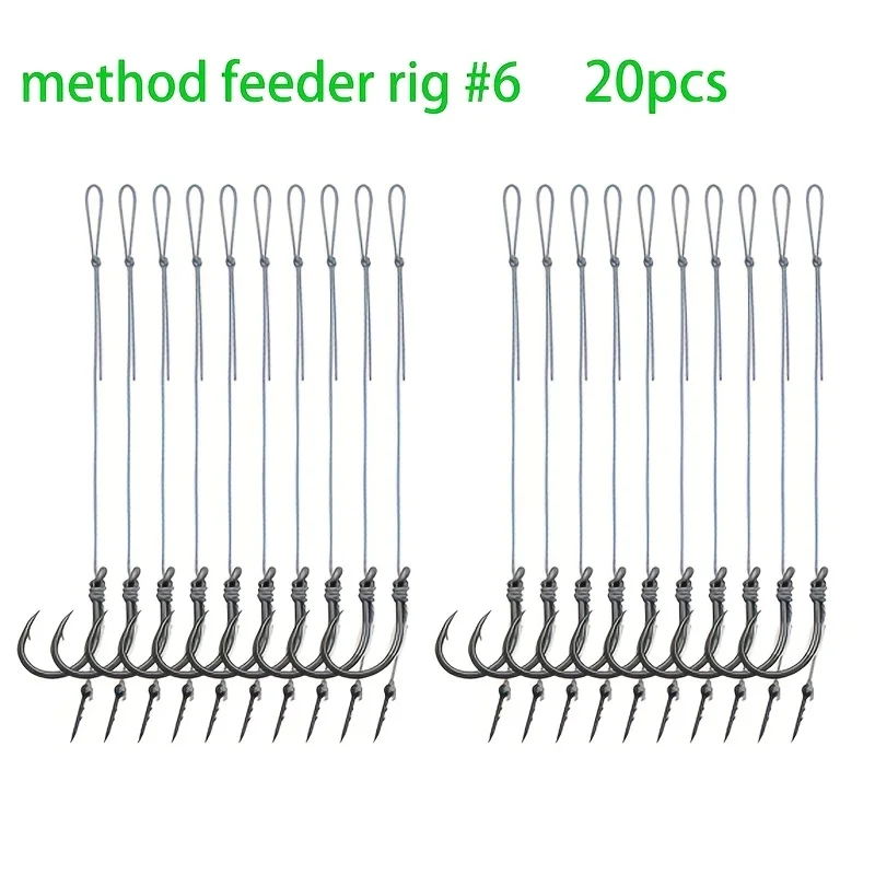 10/20 Stück Method Feeder Rigs mit Widerhaken und 8 geflochtenen Schnüren, hochfeste Widerhaken-Angelhaken Größe 6 8 10 12 14, Feeder-Angeln