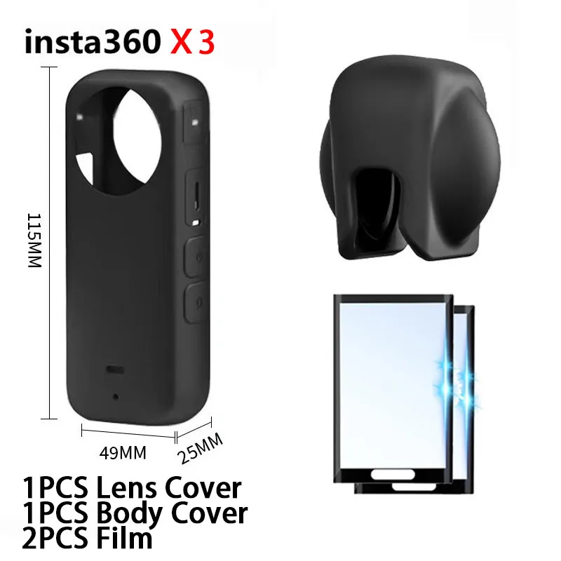 For Insta360 X4 X3 Camera Accessories + Screen Protector Film + Black Silicone Lens Case Cover + Body Cover for Insta360 X4 X3