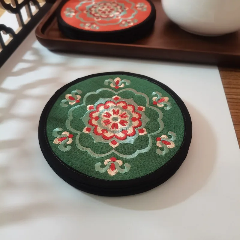 Chinese Style Pure Cotton Embroidered Floral Tea Cup Coaster Folk Handmade Souvenir Small Gift for Overseas Students Tea Lovers