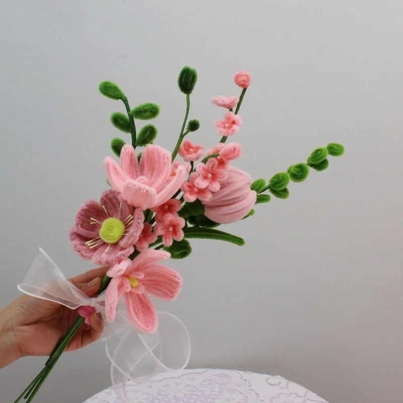 

PIPE Pink Tulip flower Bouquets Handmade Artificial Flower Christmas‘ Day Gifts With Lily Fake Flowers Home Decor