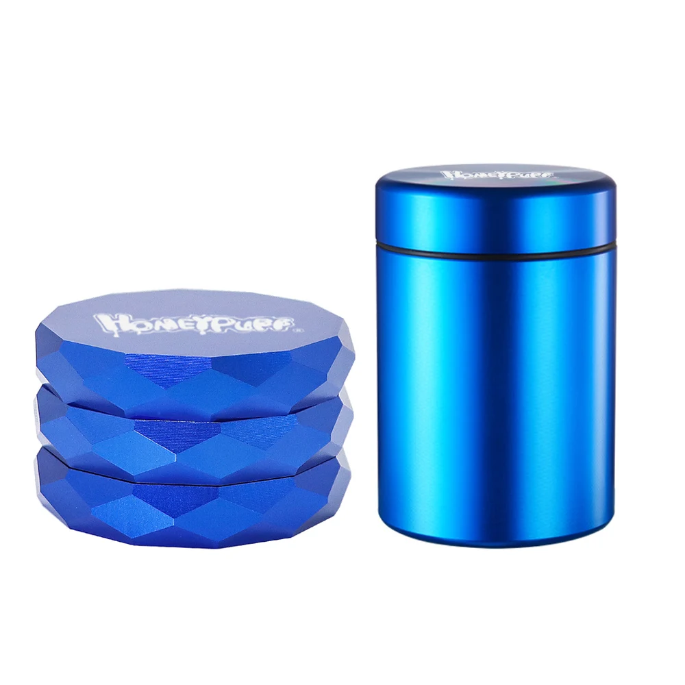 HONEYPUFF Herb Grinder 63mm 4-layers Diamond Cutting Spice Crusher Herb Grinders + Airtight Smell Proof Container Stash Box