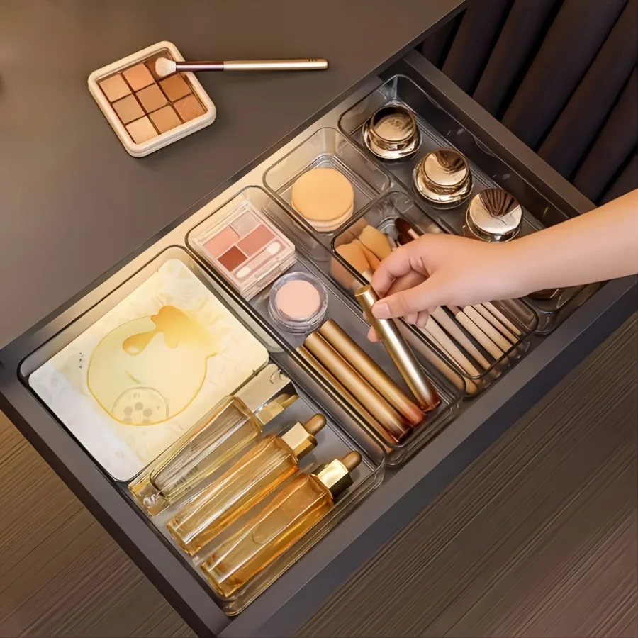 8-Piece Set of 4-Size Interlocking Transparent Drawer Storage Trays, Multifunctional Cosmetic Storage Rack, Waterproof Bathroom Accessories, Suitable for Organizing Lipstick, Makeup Brushes, Jewelry, Stationery, Skincare Products, and Kitchen Utensils in Dressing Tables, Bathrooms, Kitchens, and Office Desks