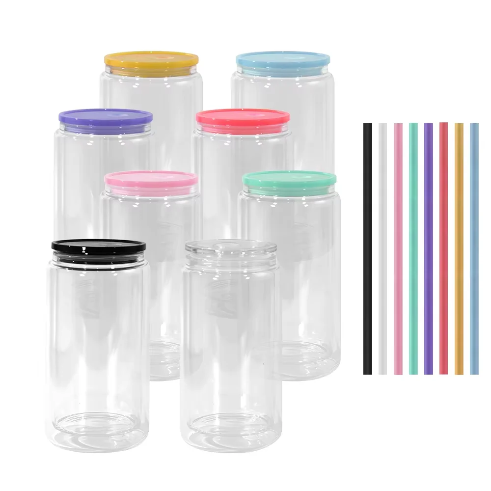 25pcs Pack Mixed Colors 16oz Pre-drilled Hole Double Wall Glass Snow Globe Glass Beer Can With Colored Lids and Plug Wang