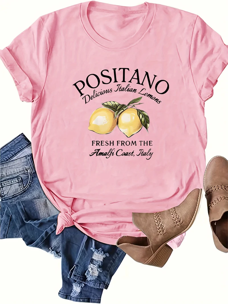 POSITANO Letter Lemon Graphic Print Women T Shirt Short Sleeve Round Neck Summer Casual Tops for Women Clothes