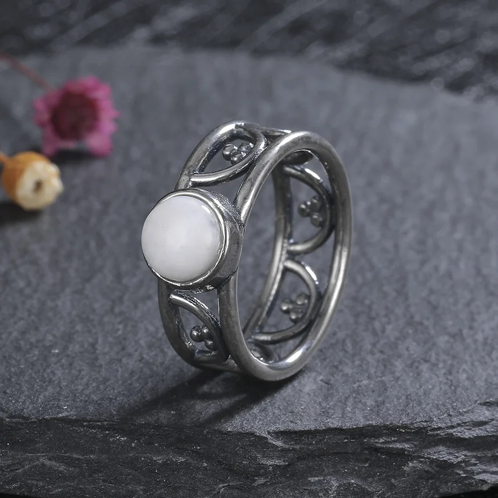 925 Sterling Silver Jewelry Ring Round Natural Moonstone Charoite Stone Vintage Ring For Women Party Gifts