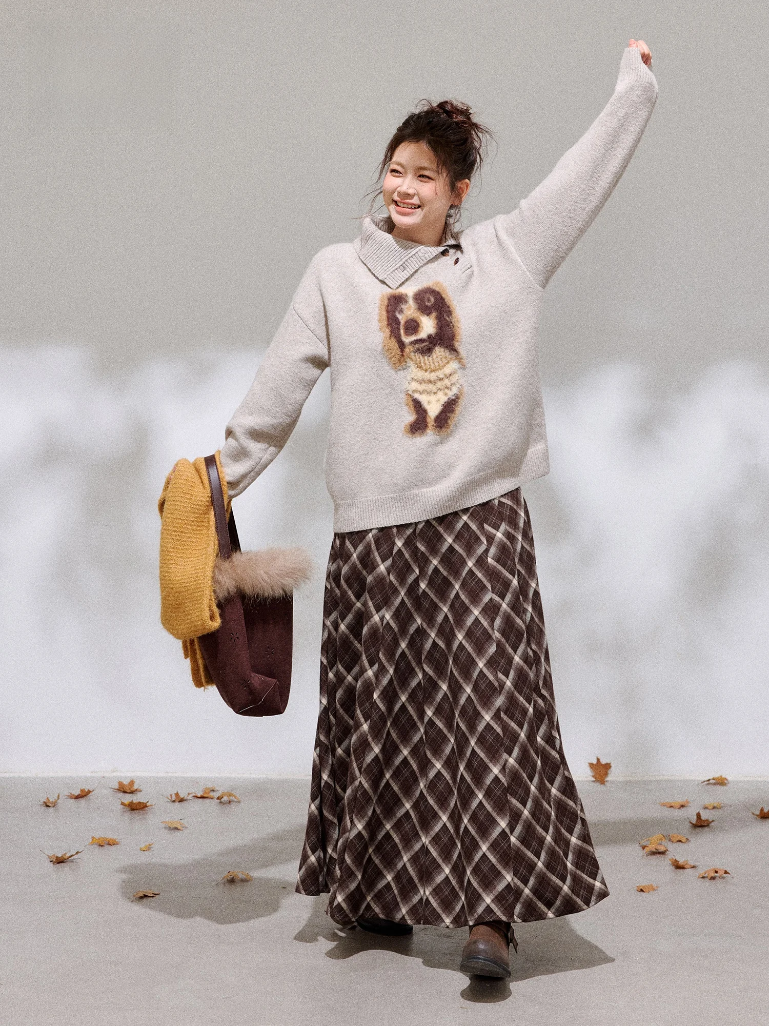 

Zhang Da plus Size Winter Outfit Lazy Sle Casual Plaid Sweater Skirt Set Women's Faion Comfortable High Waist A-Line Skirt