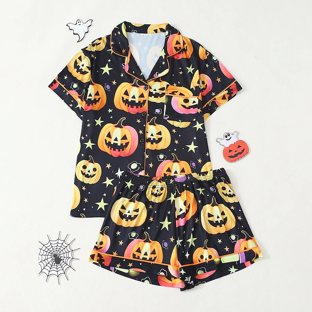 

2Pcs Halloween Pajama Set Pumpkin Print Comfort Short Sleeve Button-up Tops Elastic Waist Shorts Theme Party Holiday Loungewear