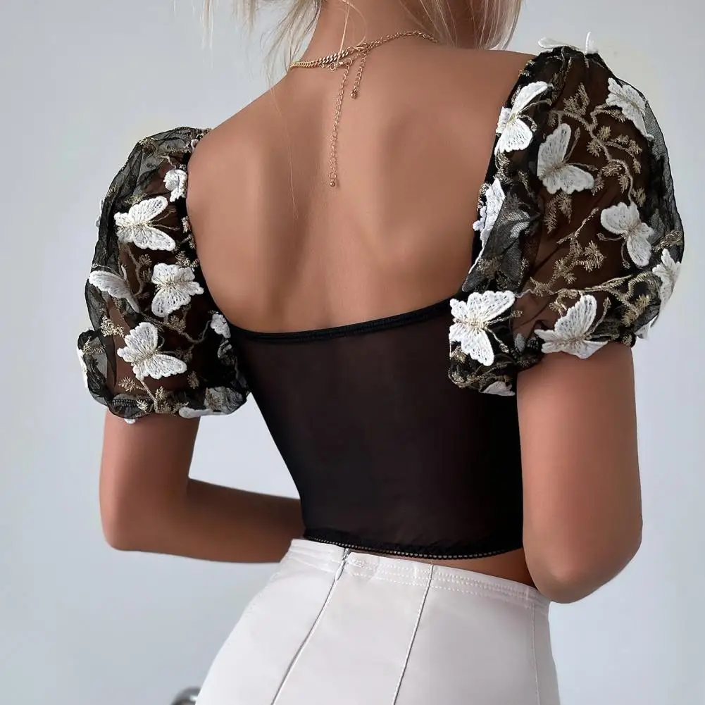 V-neck Short Sleeve Blouse Stylish Women's Mesh Splicing Embroidery Flower Pattern Cropped Tops with Side Drawstring for A