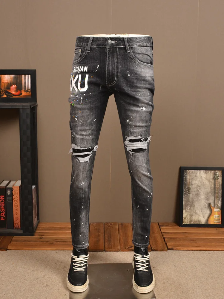 Vintage Printed Ripped Jeans Men's Street Handsome All-Match Stretch High Street Spray Paint Casual Skinny Tappered Pants