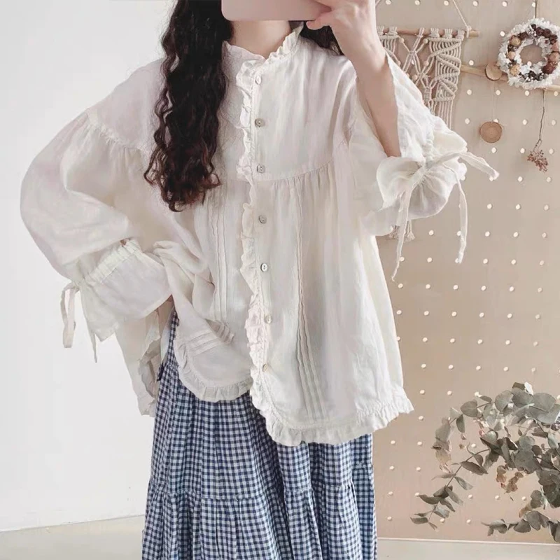 Johnature Japanese Linen Ear Loose Balloon Sleeve Shirts Women Retro 2024 Autumn New Casual Solid Color Loose Irregular Blouses