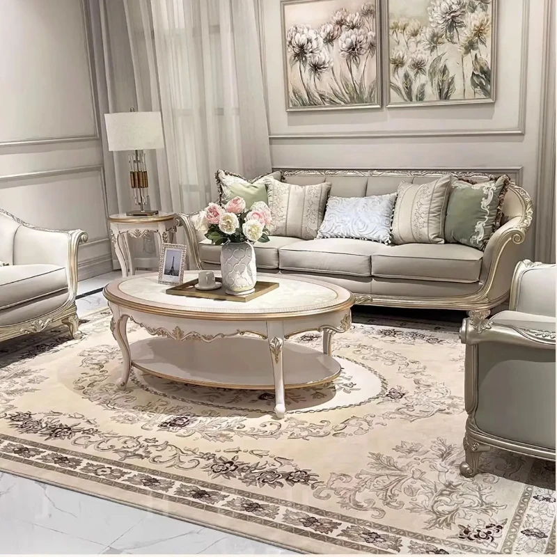 

A light luxury solid wood carving sofa luxury neoclassical leather art sofa