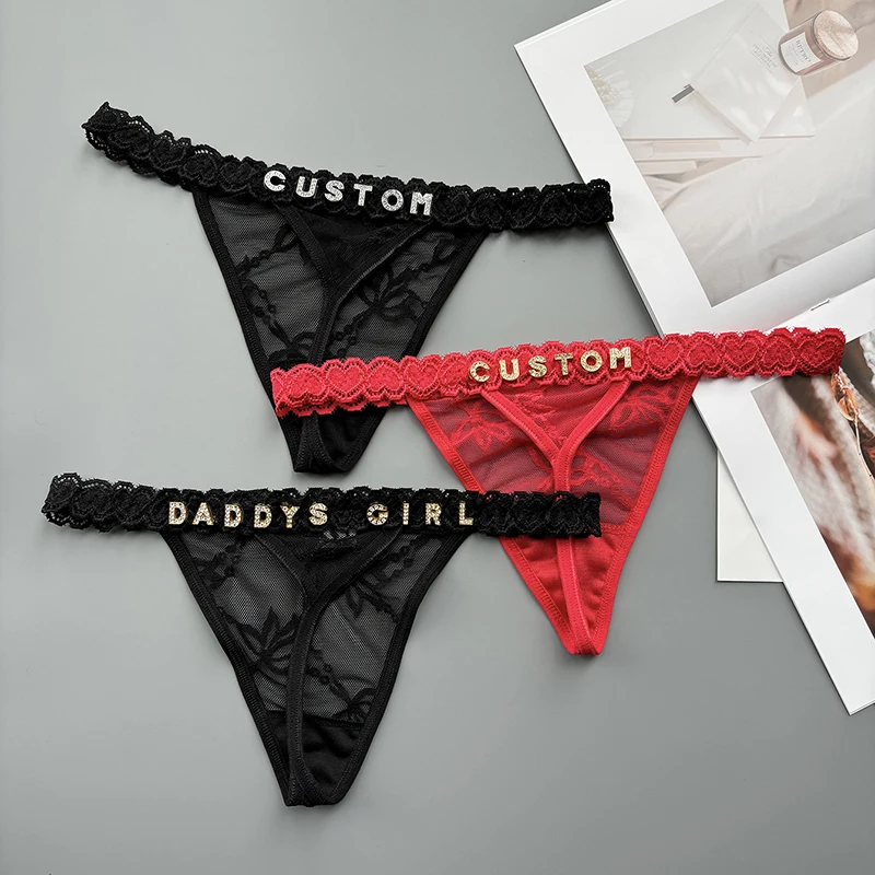 Personality Custom Thong Name Crystal Letter Sexy Lace Bikini Panties G-String Low Waist Briefs Ladies Knickers Lovers Wife Gift view 4
