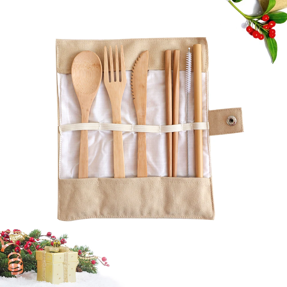

6PCS Bamboo Cutlery Set Eco Friendly Tableware Kit for Camping Hiking Picnic Spoon Fork Knife Straw Chopsticks