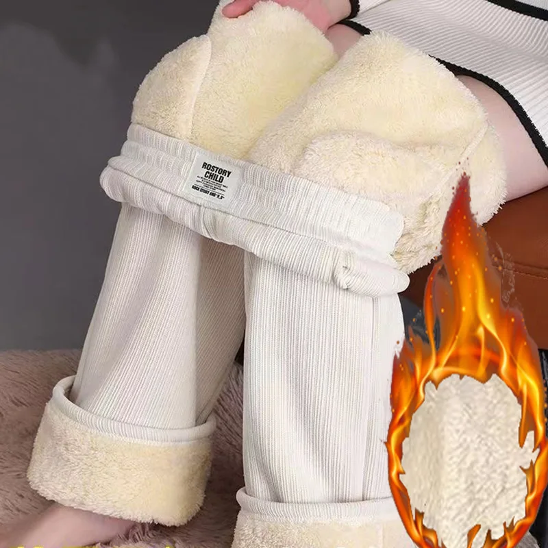 Winter Girls Straight Leg Thicken Thermal Fleece Pants Lady High Waist Plush Thin Trousers Female Snow Warm Casual Pants