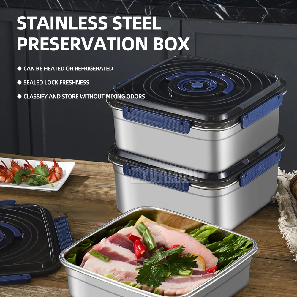 304 Household Large Capacity Refrigerator Storage Box Food Container Stainless Steel Fresh-keeping Box