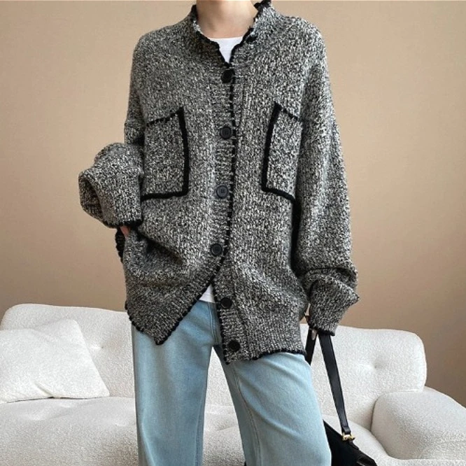

Cardigan Women Sweaters Coats Turn Down Collar Jackets Full Sleeve Jumpers Y2k Streetwear Elegant Casual Loose Autumn Winter