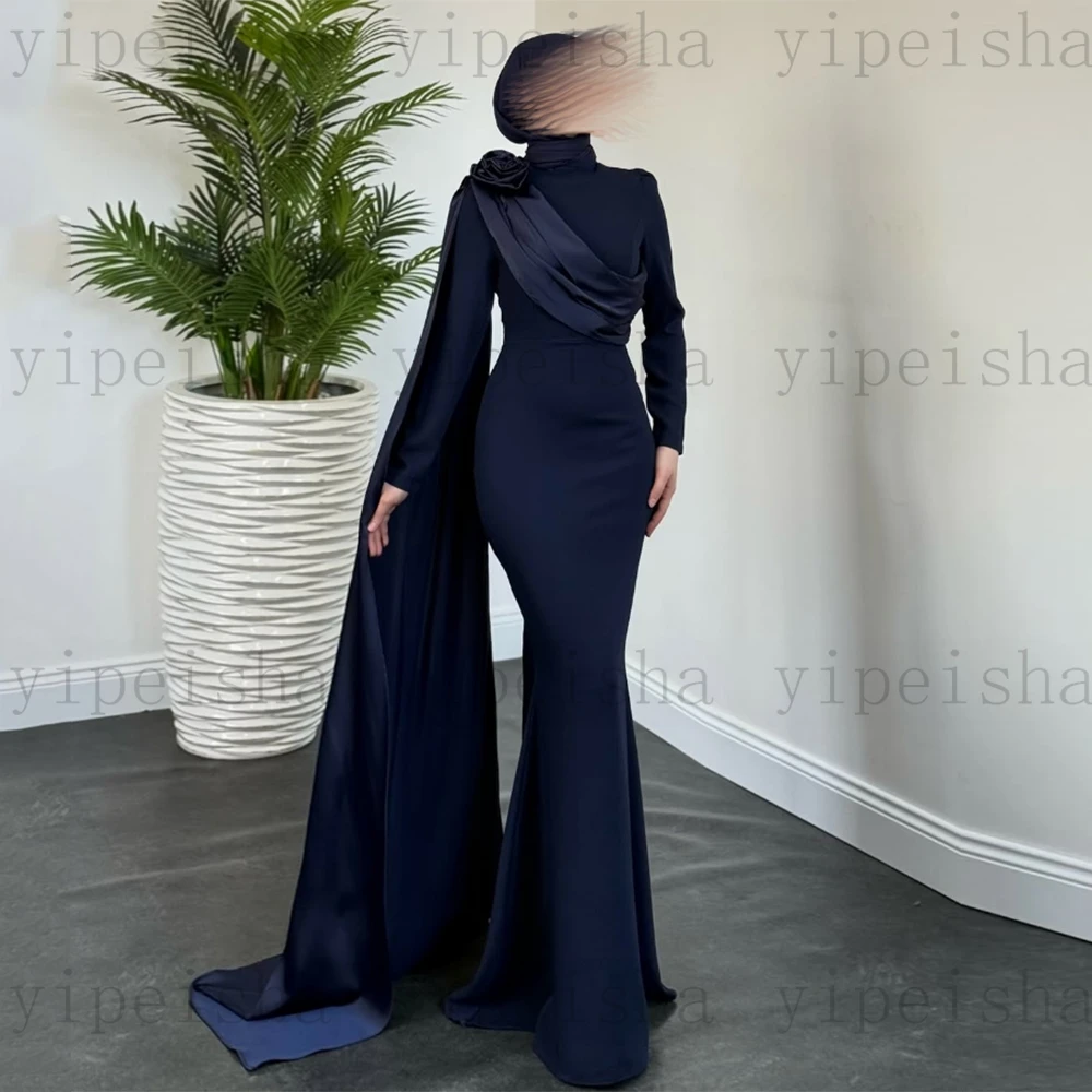 فساتين سهرة مخصصة برقبة عالية وأكمام طويلة وطيات فستان حفلات حورية البحر بسيط بطول الأرض فستان سعودي للنساء المسلمات