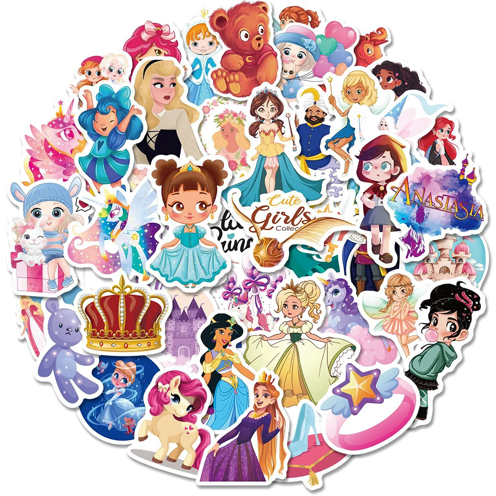 

10/30/50pcs Kawaii Disney Anime Princess Stickers Cute Cartoon Girls Decal Toy Gift DIY Phone Case Water Bottle Notebook Sticker