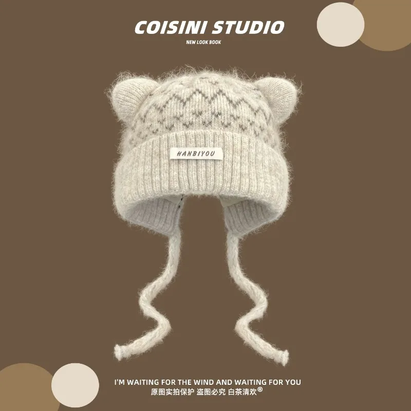 Women Cute Cat Ear Knit Earflap Hat Soft Fuzzy Plush Winter Warm Beanie with Long Tie Strings Retro  Fair Isle Jacquard Headwear