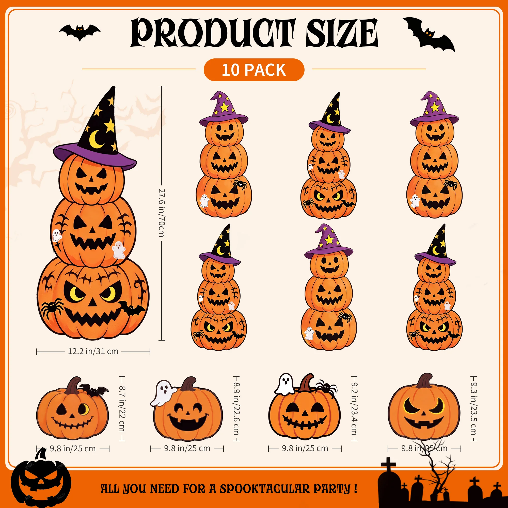 10 Pack Halloween Pumpkin Yard Stakes, Corrugated Plastic Garden Signs with Witch Hat & Ghost Motifs, Weather‑Resistant Lawn Decor for Trick‑or‑Treat, Yard, Garden & Patio