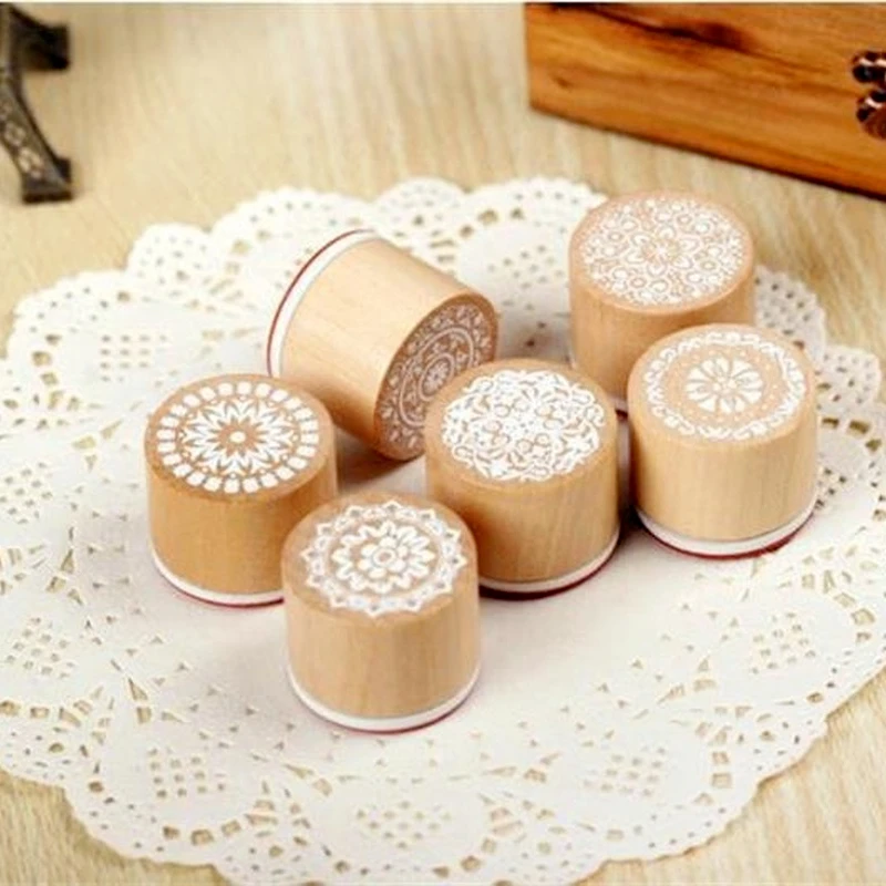 

6 Patterns Vintage Round Pattern Wooden Rubber Stamps for Scrapbook Card Making Decoration DIY Craft Assorted 6 Pieces/Set