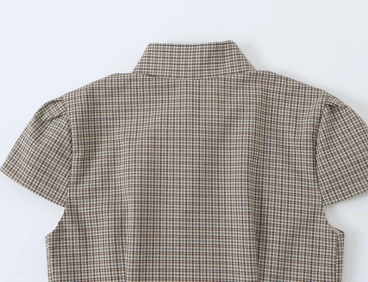 BSAY 2026 Neue Retro Preppy-Style Damen Bluse mit Stehkragen, Doppelreihig, Kurzarm, Schmal Geschnitten, Kariert und Gestreift, Arbeitsbluse – Detail 12