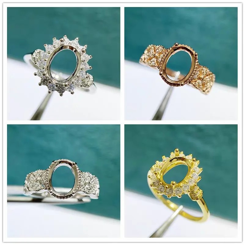 

MeiBaPJ 7*9 Elliptic Stone 925 Sterling Silver Fashion Flower Ring Holder DIY Empty Support for Women Fine Charm Jewelry
