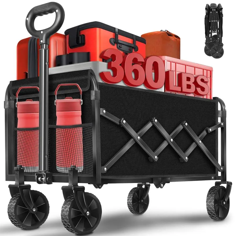 

Carts Foldable, 360 Lbs with Adjustable Handle, Black Lightweight Portable, Collapsible Wagon for Camping, Shopping, Sports, Tra