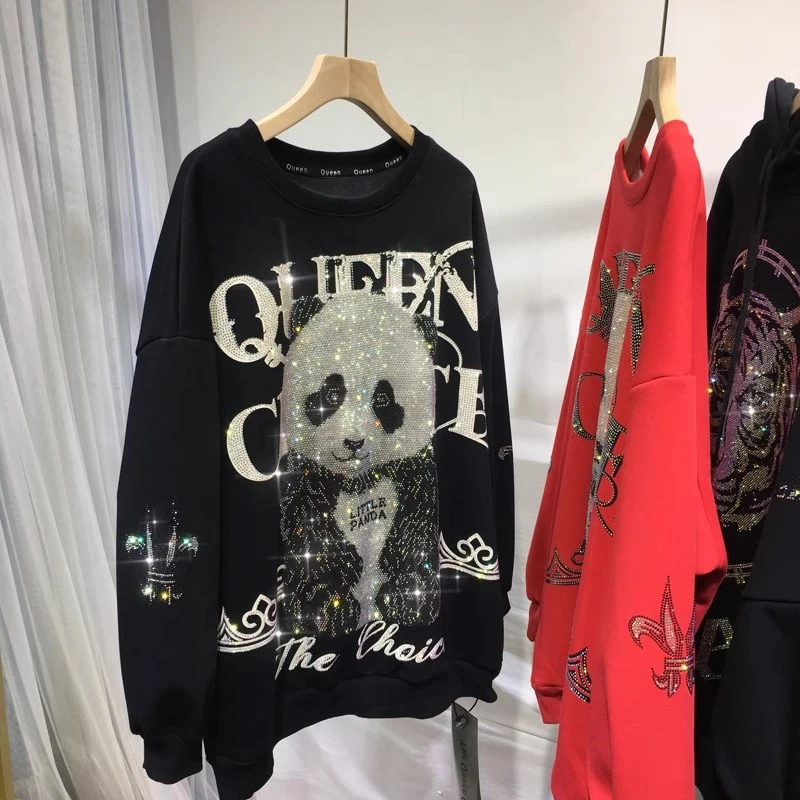 Velvet Padded Thickened Sweatshirt Heavy Embroidery Diamond Drills Cute Cartoon O-Neck Loose Oversize Top Autumn Winter New 2023