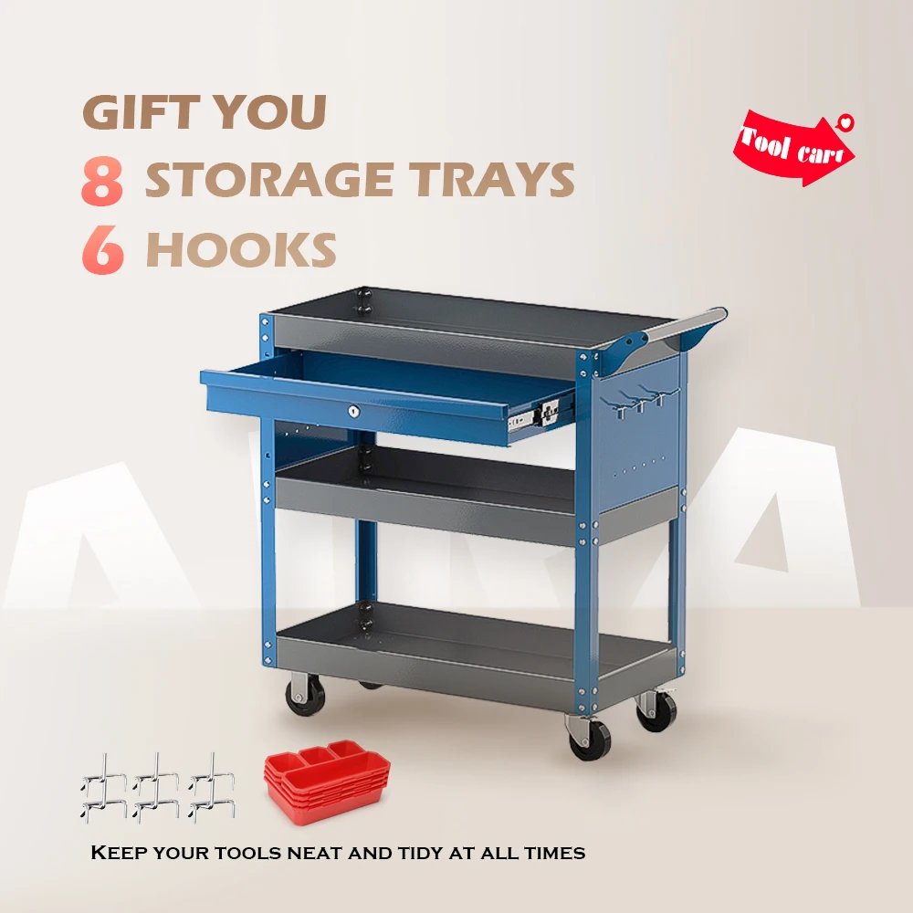 AIRAJ 3-layer tool cart, wheeled tool cart, tool storage cart with drawers and red compartments with hooks, garage, warehouse to