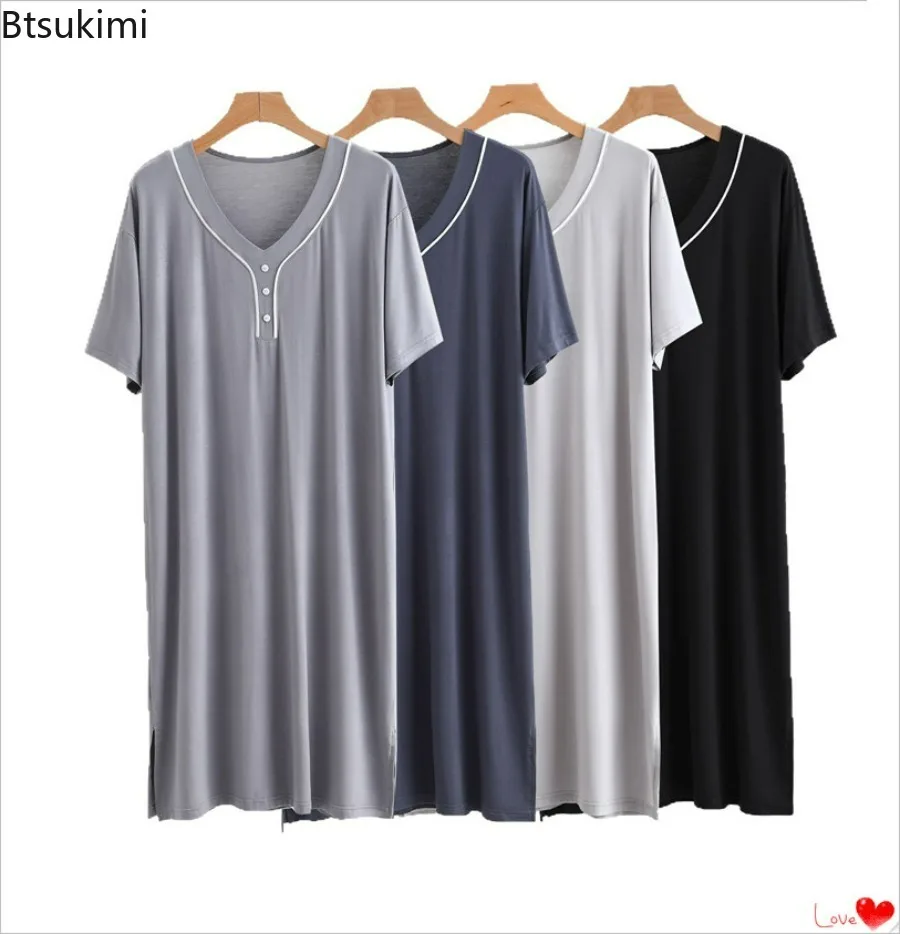 

New Men's Soft Modal O-neck Sleepwear Nightgown Patchwork Robes Mid-long Knee Length Loose Home Clothes Loungewear for Men Dress