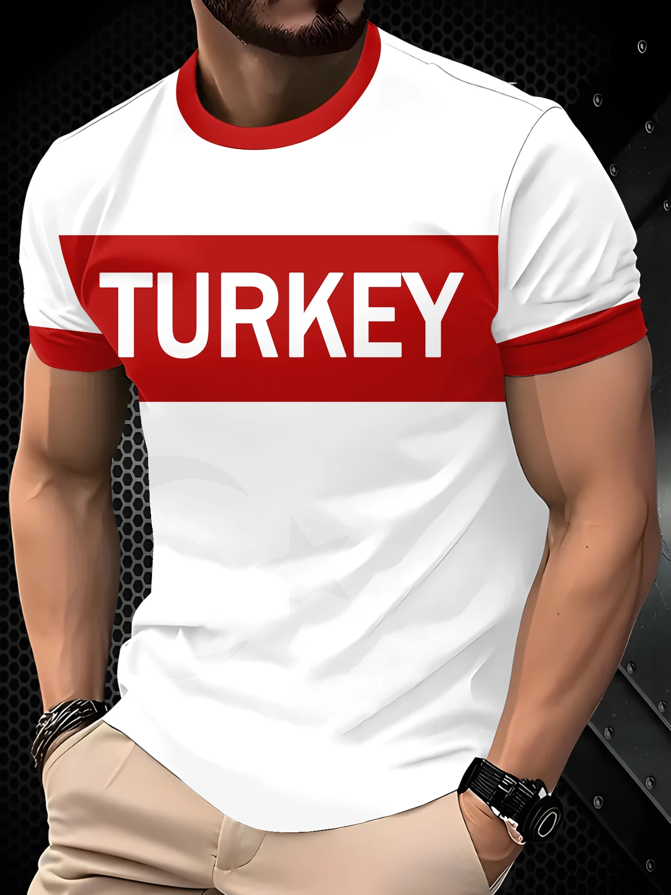 Men Short Sleeve T-Shirt, White Base Red Horizontal Strip Red Collar Cuff Letter Sport Graphic Casual Tee