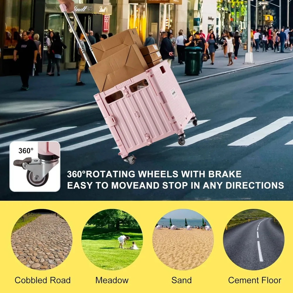 Chariot roulant pliable à 4 roues avec couvercle, chariot de courses pliable pour épicerie, bureau, voyage, rose