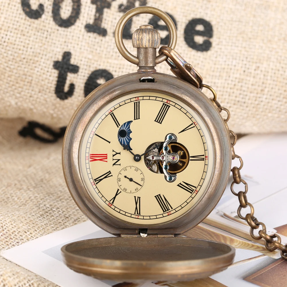 خمر النحاس Steampunk برأسين النسر توربيون التلقائي الميكانيكية ساعة الجيب الرجال سلسلة قلادة ساعة الجيب هدية